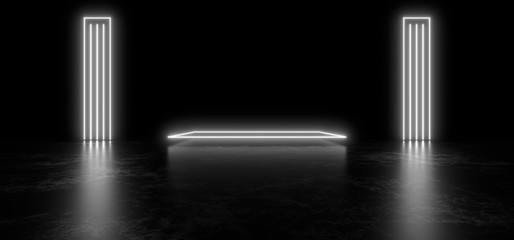 Beautiful composition of white neon lights on a black background. 3d rendering image.