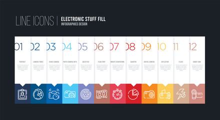 infographic design with 12 options. stroke line icons such as film strip, objective, photo camera with flash, shake camera, camera timer, portrait can be use for web and mobile