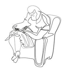 One continuous line drawing of sitting woman reading a book. Simple line art drawing of woman reading a book.