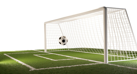 soccer field with football ball and soccer goal 3d-illustration © wetzkaz