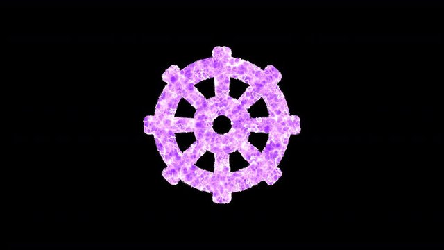 Symbol dharmachakra shimmers in three colors: Purple, Green, Pink. In - Out loop. Alpha channel Premultiplied - Matted with color black