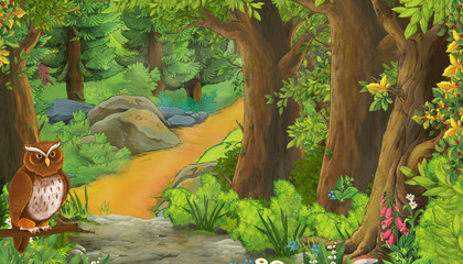 cartoon summer scene with bird eagle with meadow in the forest illustration for children