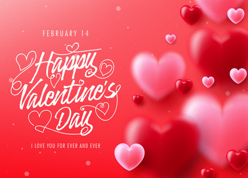 Happy Valentine's Day Lovely Greeting Card with Realistic Clear and Blurry Hearts Cute Design in Red Background. Vector Illustration