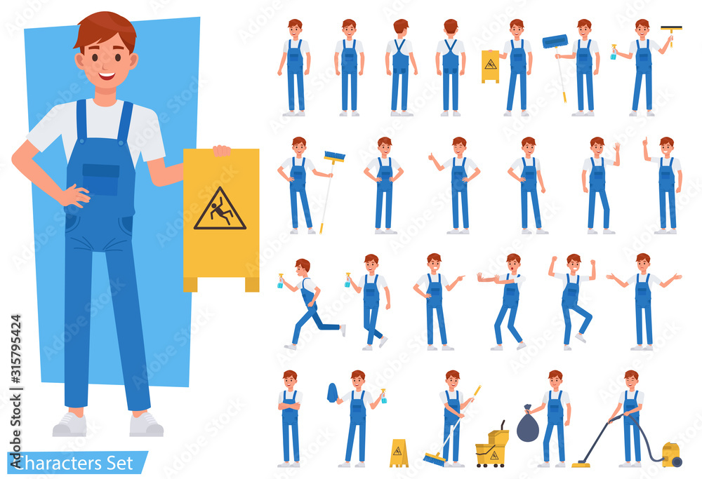 Poster set of cleaning man staff character vector design. presentation in various action with emotions, run