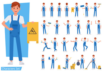 Set of cleaning man staff character vector design. Presentation in various action with emotions, running, standing and walking.