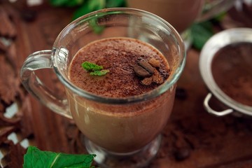 Chocolate mint protein milkshake smoothie, selective focus
