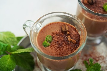 Chocolate mint protein milkshake smoothie, selective focus