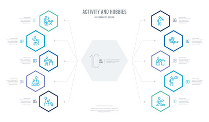 activity and hobbies concept business infographic design with 10 hexagon options. outline icons such as petanque, questioning, quilt, relaxing, repairing, skiing
