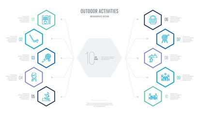 outdoor activities concept business infographic design with 10 hexagon options. outline icons such as table game, photography,  , dartboard, backpacks, barbacue