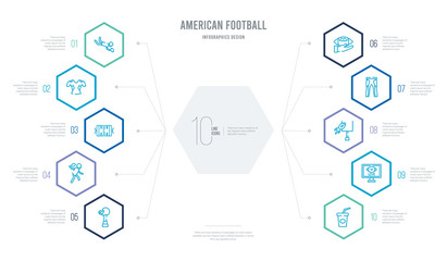 american football concept business infographic design with 10 hexagon options. outline icons such as soda glass with a straw, football tv program, american football annotation, trouser of a player,