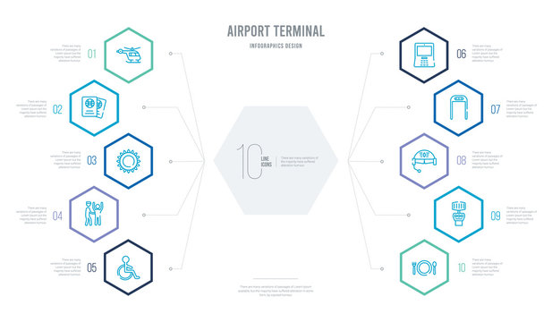 airport terminal concept business infographic design with 10 hexagon options. outline icons such as clutery for lunch, airport radar, pilot helmet, security control, airport atm, searchor