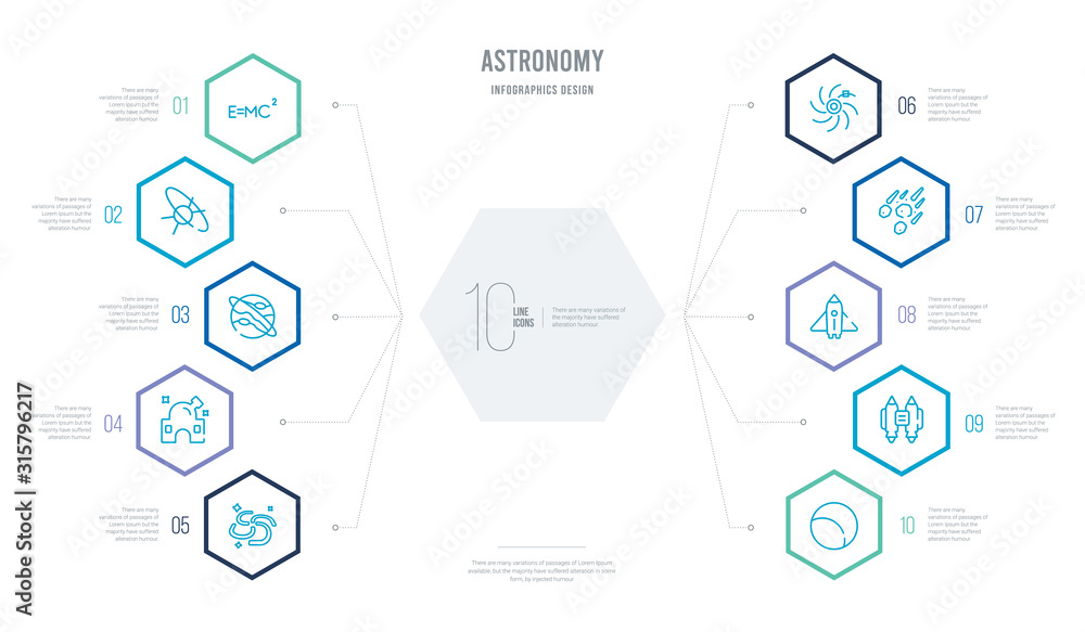Wall mural astronomy concept business infographic design with 10 hexagon options. outline icons such as half mo