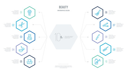 beauty concept business infographic design with 10 hexagon options. outline icons such as serum, inclined comb, nail file, bobby pins, tweezers, tint brush
