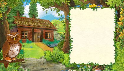 cartoon summer scene with bird eagle with path to the farm village with frame for text - nobody on the scene - illustration for children