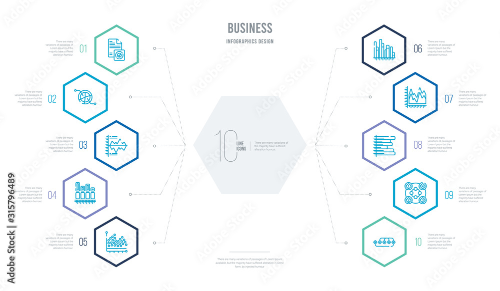 Poster business concept business infographic design with 10 hexagon options. outline icons such as points c