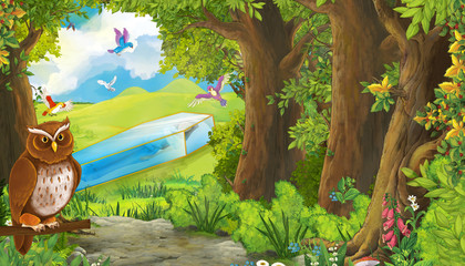 cartoon summer scene with bird eagle with meadow in the forest with birds flying with glass box illustration for children