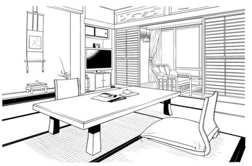 漫画風ペン画イラスト　旅館