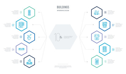 buildings concept business infographic design with 10 hexagon options. outline icons such as agency, appartment, renovation, burning house, lifter machine, builder tool