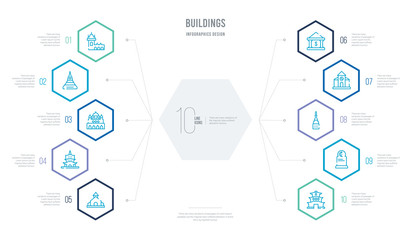 buildings concept business infographic design with 10 hexagon options. outline icons such as buddhist temple, islamic cemetery, state building, moot hall, reserve bank, pagoda - obrazy, fototapety, plakaty