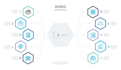 business concept business infographic design with 10 hexagon options. outline icons such as envelope with money inside, business briefcase, post it, golf sticks, circular target, structure