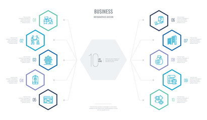 business concept business infographic design with 10 hexagon options. outline icons such as puzzle game piece, tax calculate, money sack, corporation, mortgage loan, journalist id card