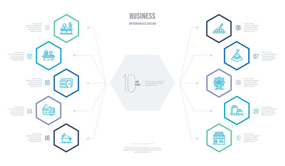 business concept business infographic design with 10 hexagon options. outline icons such as little shop with awning, two shopping bags, big ferris wheel, stats pyramid, ingot, music business card