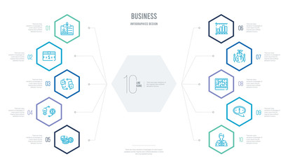 business concept business infographic design with 10 hexagon options. outline icons such as chief executive officer, information, maze game, money investment, business graph, converting ideas in