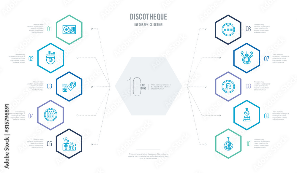 Poster discotheque concept business infographic design with 10 hexagon options. outline icons such as spark