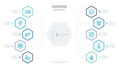 discotheque concept business infographic design with 10 hexagon options. outline icons such as sparkle, dance floor, music note, mirror ball, sound waves, levels