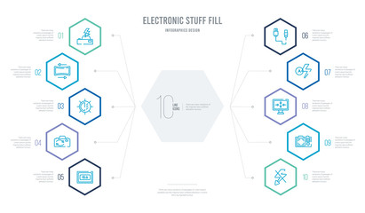 electronic stuff fill concept business infographic design with 10 hexagon options. outline icons such as flash off, camera screen, screen grid, auto flash, usb cable, flip camera