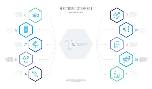 electronic stuff fill concept business infographic design with 10 hexagon options. outline icons such as radio, picture, memory card, speaker, compact disc, portable music player