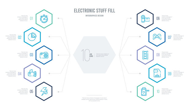 electronic stuff fill concept business infographic design with 10 hexagon options. outline icons such as charging battery, floppy disk, photogram, joypad, handy cam, reflector
