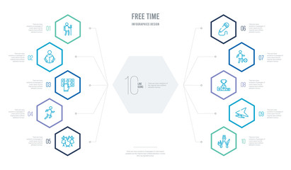 free time concept business infographic design with 10 hexagon options. outline icons such as multitool, hang glider, pedestal, sports, karaoke, running man