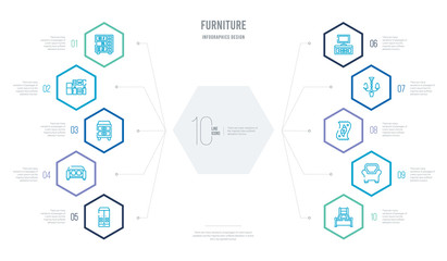 furniture concept business infographic design with 10 hexagon options. outline icons such as bed, armchair, carpet, chandelier, tv table, sofa