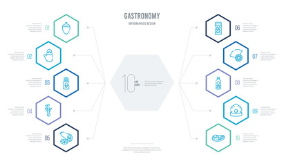 gastronomy concept business infographic design with 10 hexagon options. outline icons such as steak, oyster, gin, lime, pickle, leek