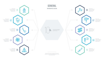 general concept business infographic design with 10 hexagon options. outline icons such as strong knife, bike horn, two knots rope, fire hose, fire axe, spiderweb