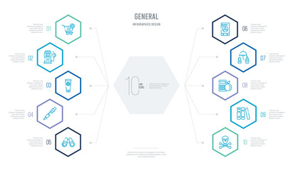 general concept business infographic design with 10 hexagon options. outline icons such as the death, book!, count calories, wellness tourism, safe deposit, pencin and eraser