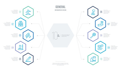 general concept business infographic design with 10 hexagon options. outline icons such as gas storage, wish, magnifying glass searcher, gifts, erlenmeyer flask, erlenmeyer flask bracket