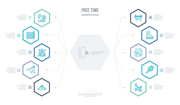 free time concept business infographic design with 10 hexagon options. outline icons such as gardening, table tennis, fish tank, roller, table football, origami