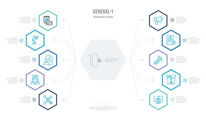 general-1 concept business infographic design with 10 hexagon options. outline icons such as 3d modeling, 3d printing, active sensor, add photos, advertising agency, affiliate link