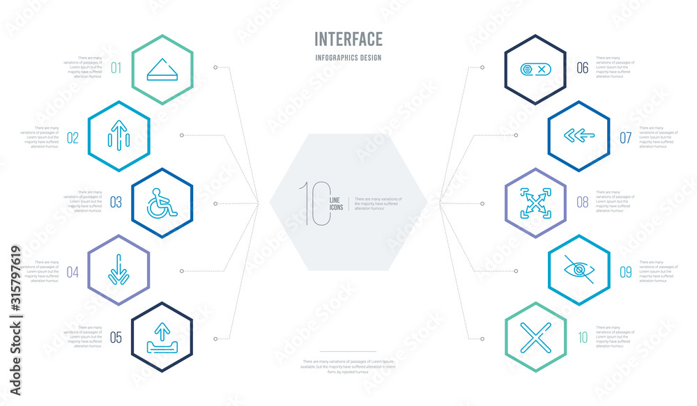 Poster interface concept business infographic design with 10 hexagon options. outline icons such as x mark,