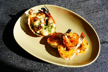Plate of freshly grilled spiny lobster tails