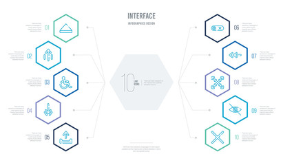 interface concept business infographic design with 10 hexagon options. outline icons such as x mark, hide, fullscreen, left, disable, down