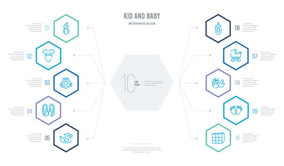 kid and baby concept business infographic design with 10 hexagon options. outline icons such as cubes, footprints, stork, baby carriage, feeding bottle, girl shoes