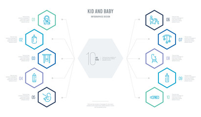 kid and baby concept business infographic design with 10 hexagon options. outline icons such as pregnancy test, baby bottle, baby chair, crib toy, overall, crayons