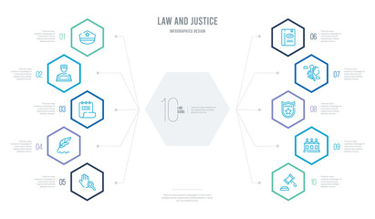 law and justice concept business infographic design with 10 hexagon options. outline icons such as gavel, jury, police badge, crime scene, law book, feather pen