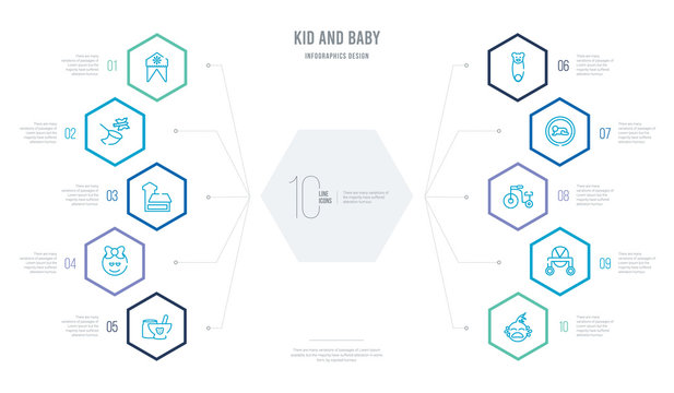 kid and baby concept business infographic design with 10 hexagon options. outline icons such as cry, walker, tricycle, button, safety pin, happy children