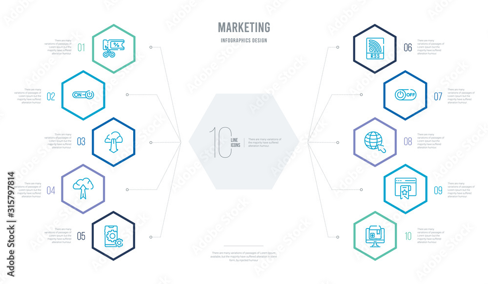 Poster marketing concept business infographic design with 10 hexagon options. outline icons such as web pac