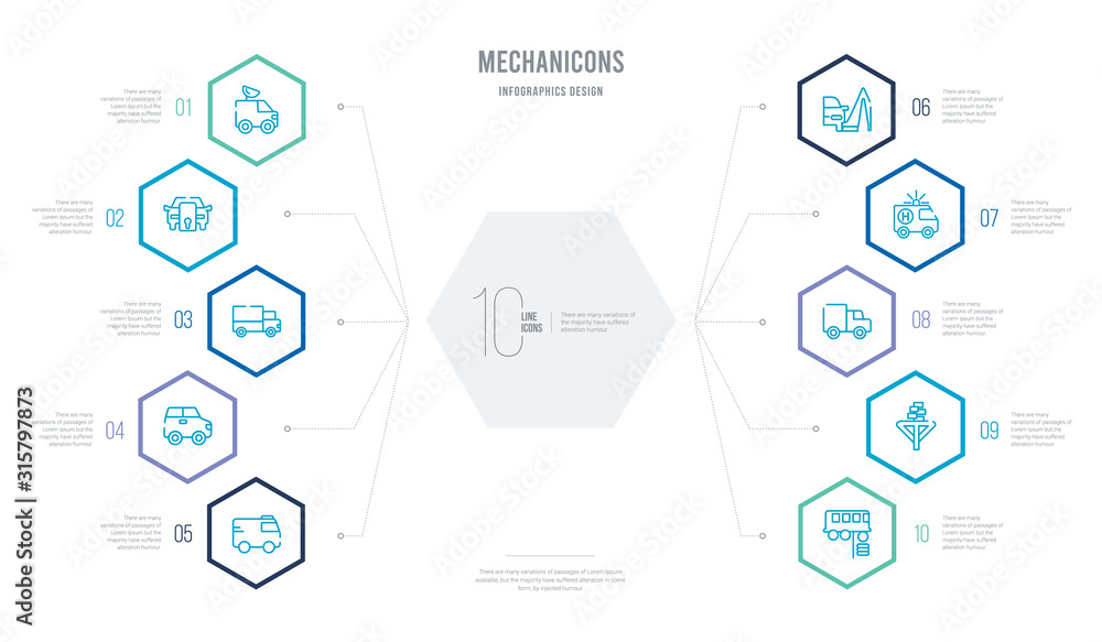 Poster mechanicons concept business infographic design with 10 hexagon options. outline icons such as bus i