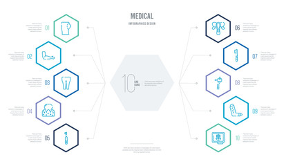medical concept business infographic design with 10 hexagon options. outline icons such as x ray, inhalator, dental drill, tooth brush, uterus, gum